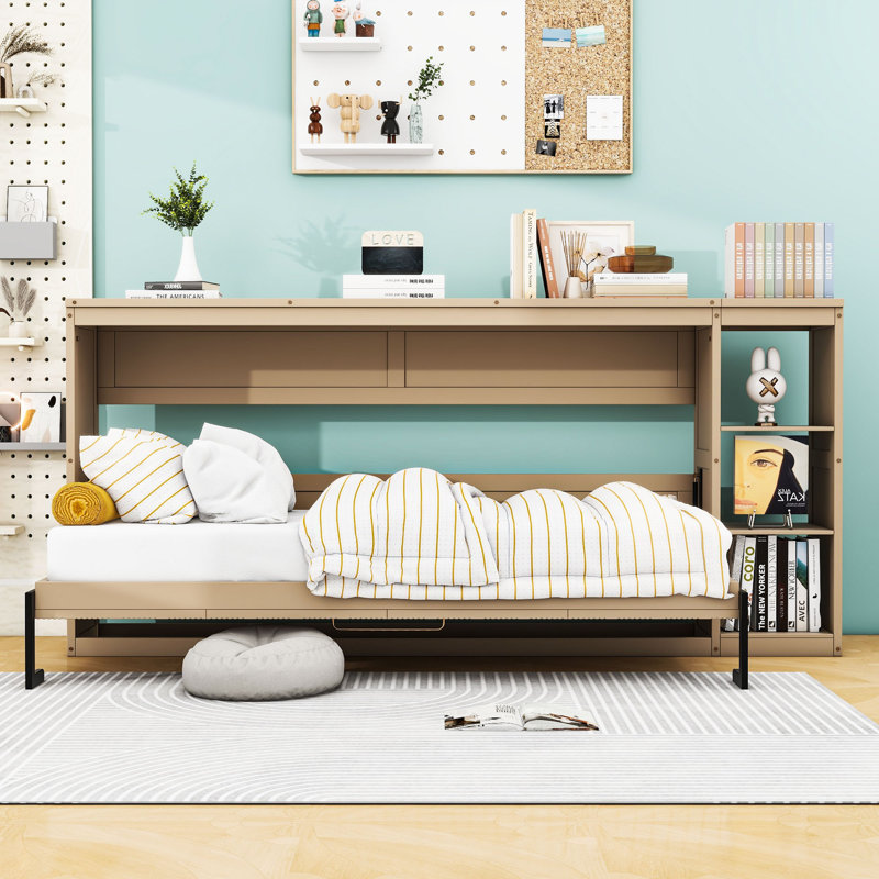 Lit escamotable en bois avec tablettes intégrées, Naturel, Double
