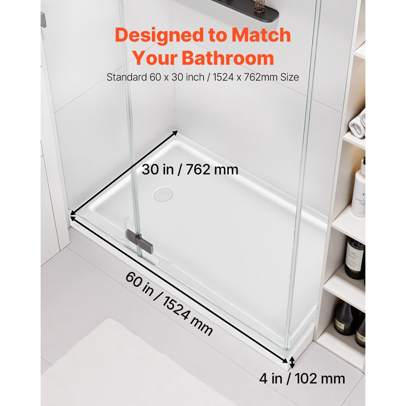 Shower Pan, 60″ L X 30″ W Single Threshold Shower Base, Rectangle Acrylic And PVC Showering Base In White, Slip-Resistant Showering Pan Bases With Drain And Cover For Bathroom, Left Drain Location