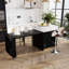 Îlot de cuisine extensible moderne avec table de bar, plateau en imitation marbre, porte-verres à pied et double tiroir, noir-1823954141