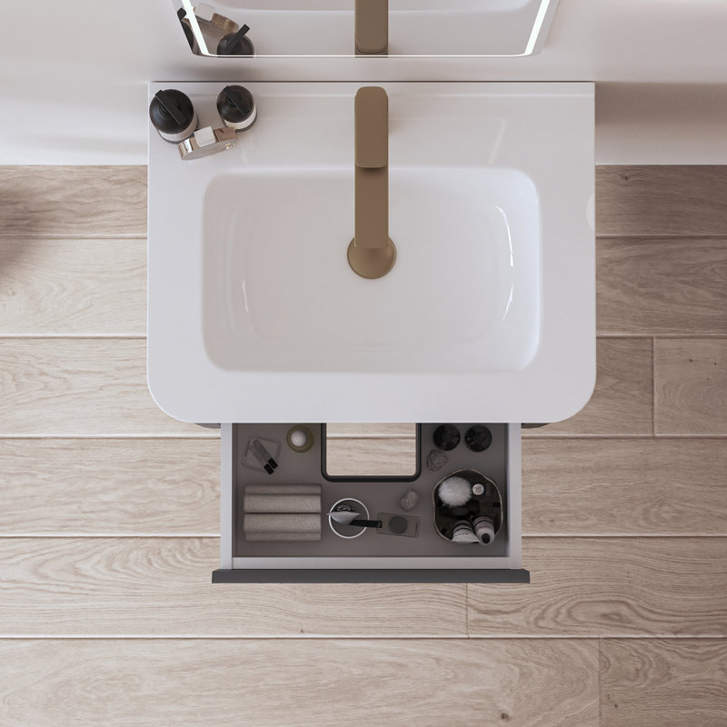 Meuble-lavabo mural de 76 cm (30 po) avec lavabo en céramique, tiroir à fermeture amortie, meuble préassemblé, gris