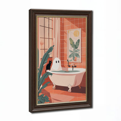 «Ghost Bathing in Pink Tub with Black Cat in Halloween», art mural sur toile