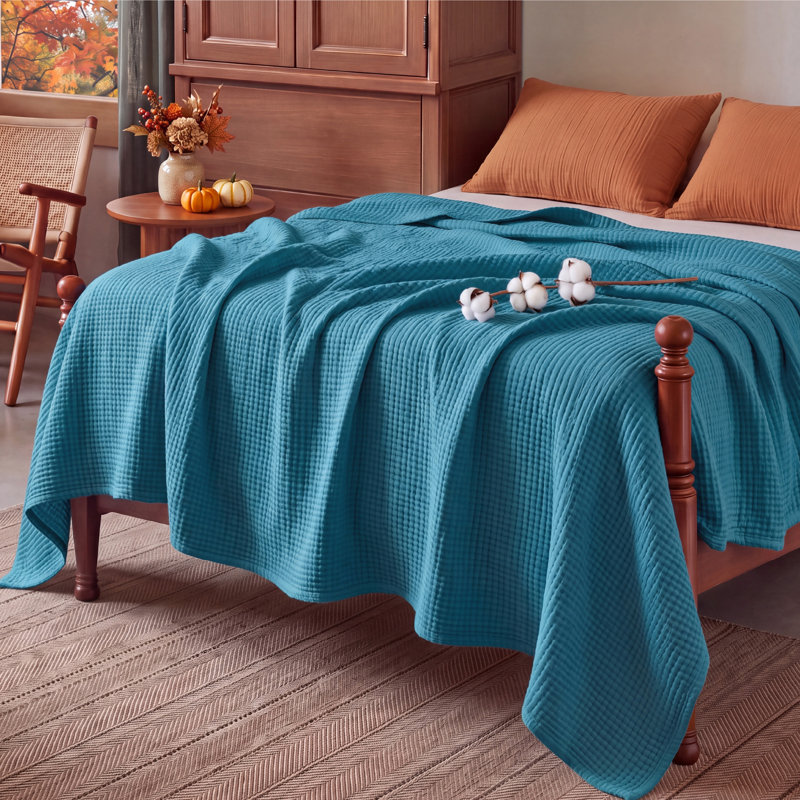 Couverture en mousseline 100% coton, 4 couches, pour l'été, pour plus de confort, 200 g / m², Très grand lit, Sarcelle
