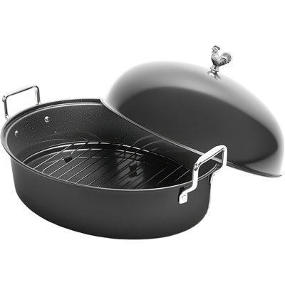 32L Large Carbon Steel Oval Roaster Pan with Rack & Lid, Heavy-Duty Turkey Roaster for Thanksgiving Christmas, Holds Up to 25Lbs Chicken Beef