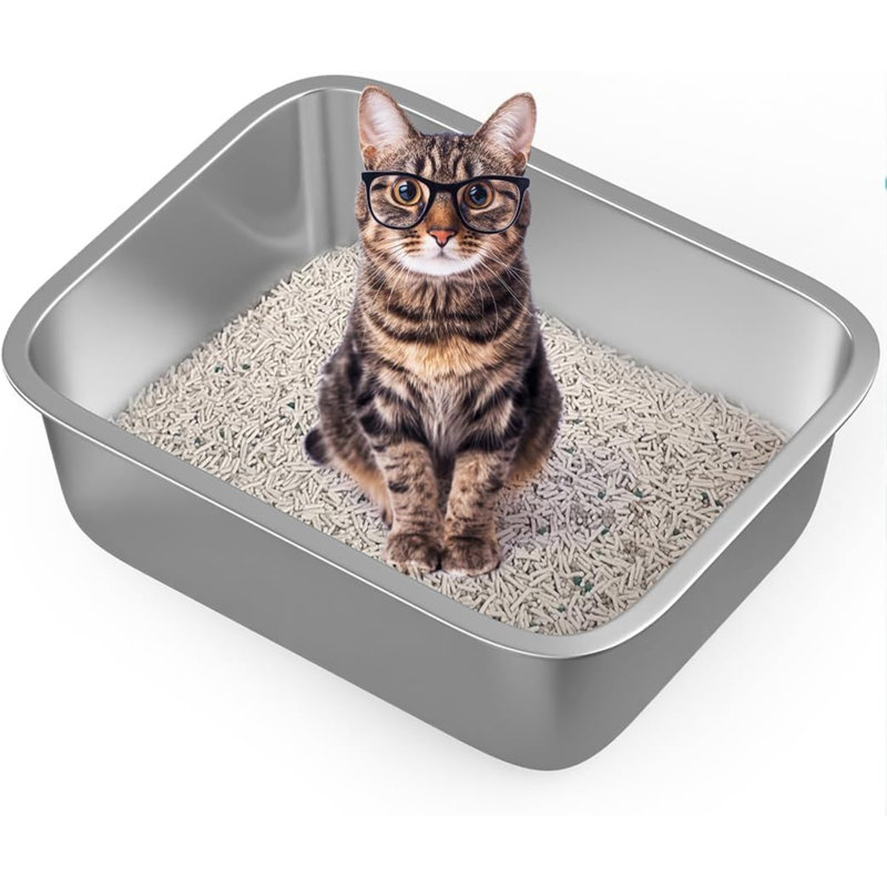 Large Stainless Steel Litter Box For Cats Is A Premium Odor, Rust & Stain Free, Non Stick Metal Cat Litter Pan With Smooth Corners, Easy Cleaning, 4 Non-Slip Rubber Pads (17.5"X13.5"X6")