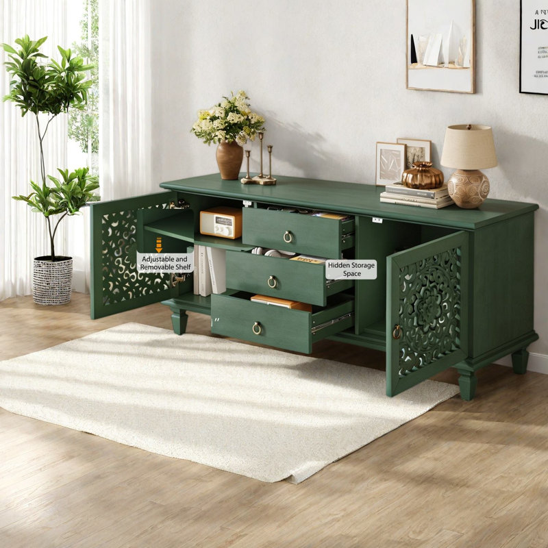 Meubles télé et centres multimédias de style ferme vert antique avec rangement, 141 cm (55,5 pouces) en MDF de bois, Vert