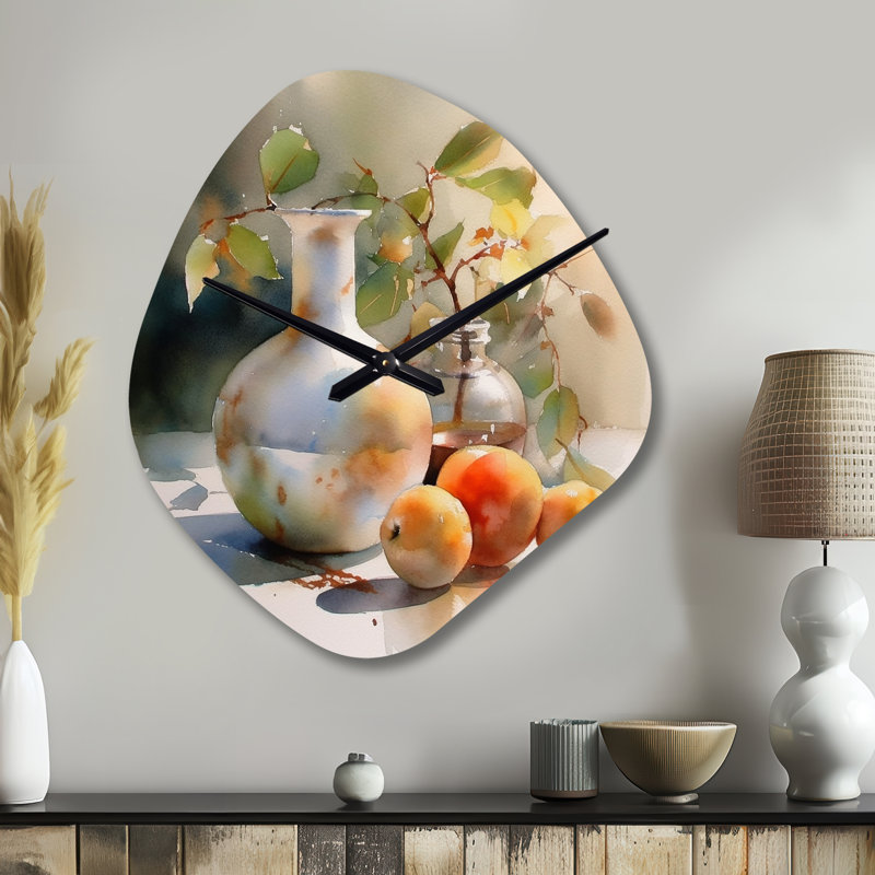 Simple Still Life Fruits And Pitchers I - Orange Asymmetrical Metal Wall Clock, Traditional Unique Shape Clock Print, Small