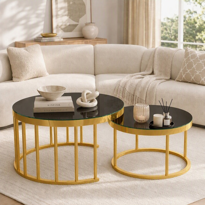 Ensemble de 2 tables basses gigognes, plateau miroir, Noir