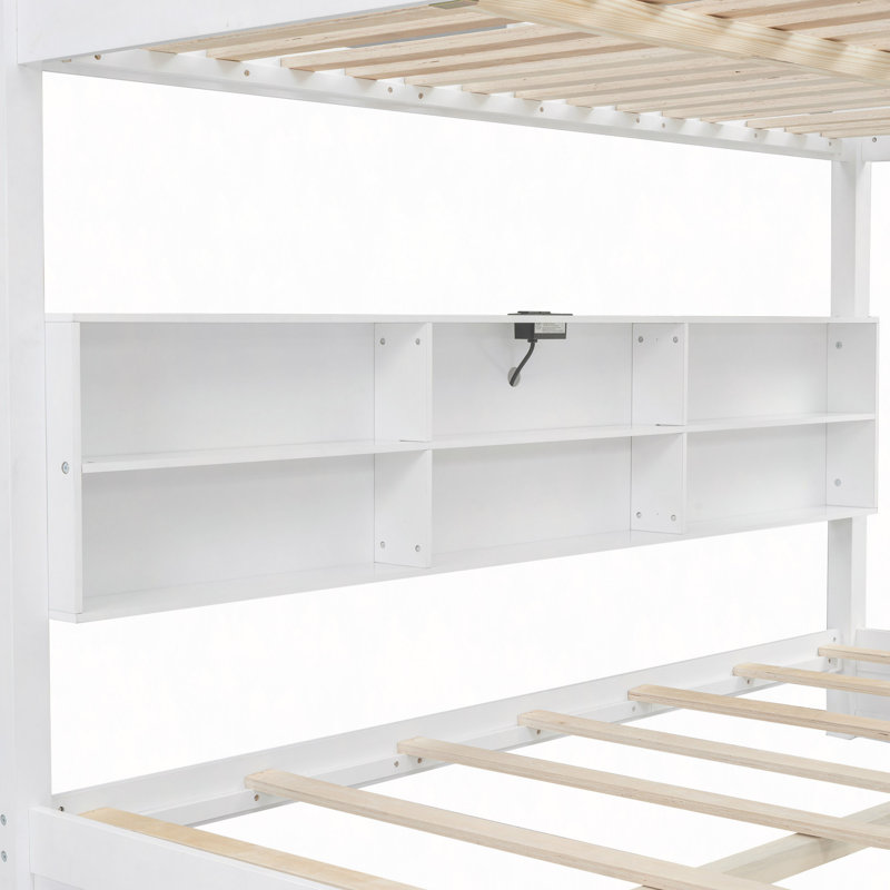 Lit superposé avec armoires de rangement et ports USB, Blanc