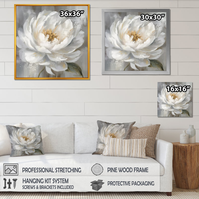 Art de pivoines blanches et grises - art sur toile de pivoines, H 16 po x l 16 po x P 1 po, Cadre doré simple