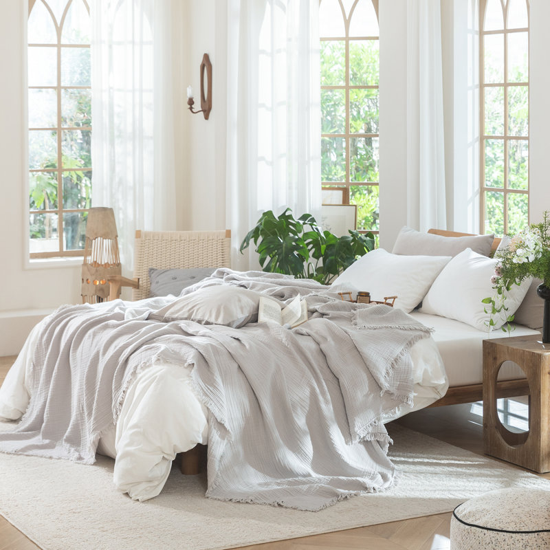 Jeté 100% coton 4 couches avec frange MooMee Airy, Grand (90 po x 90 po), Gris clair