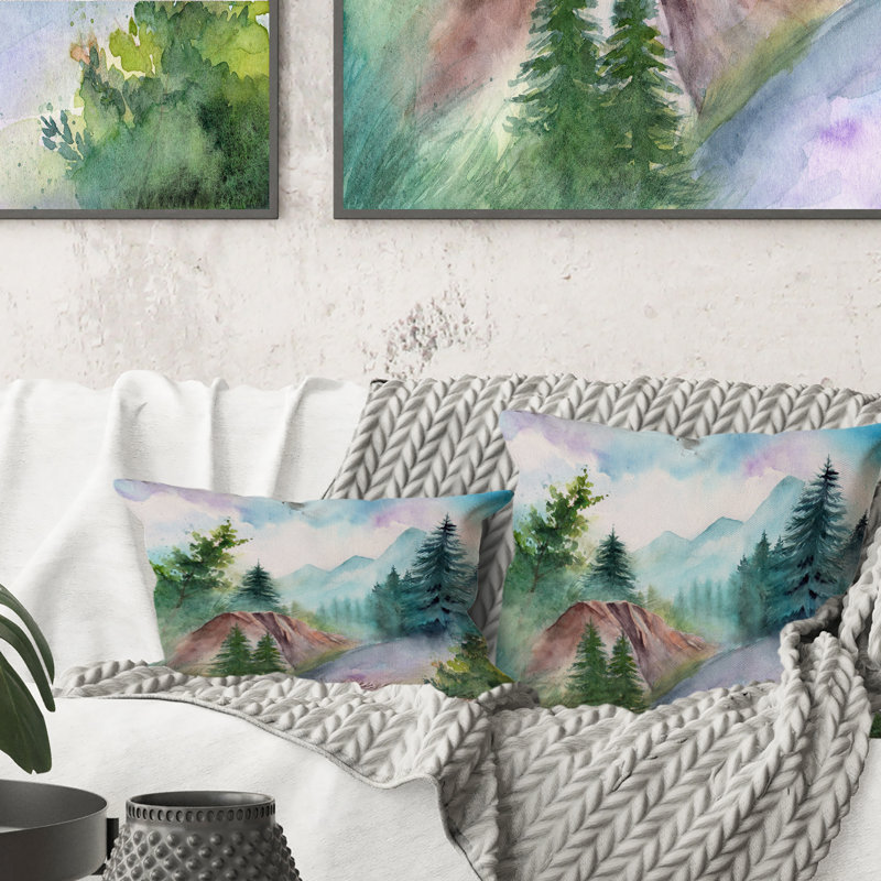 Paysage avec chemin forestier et montagnes lointaines - Coussin 1