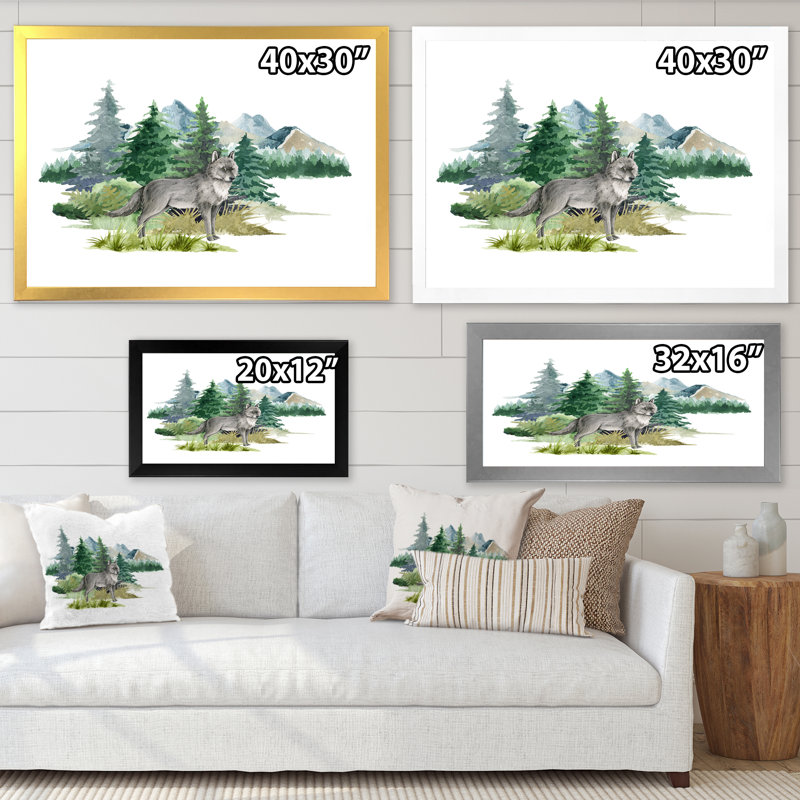 Loup dans un paysage de forêt - peinture sur toile, H 16 po x l 32 po, Cadre flottant doré