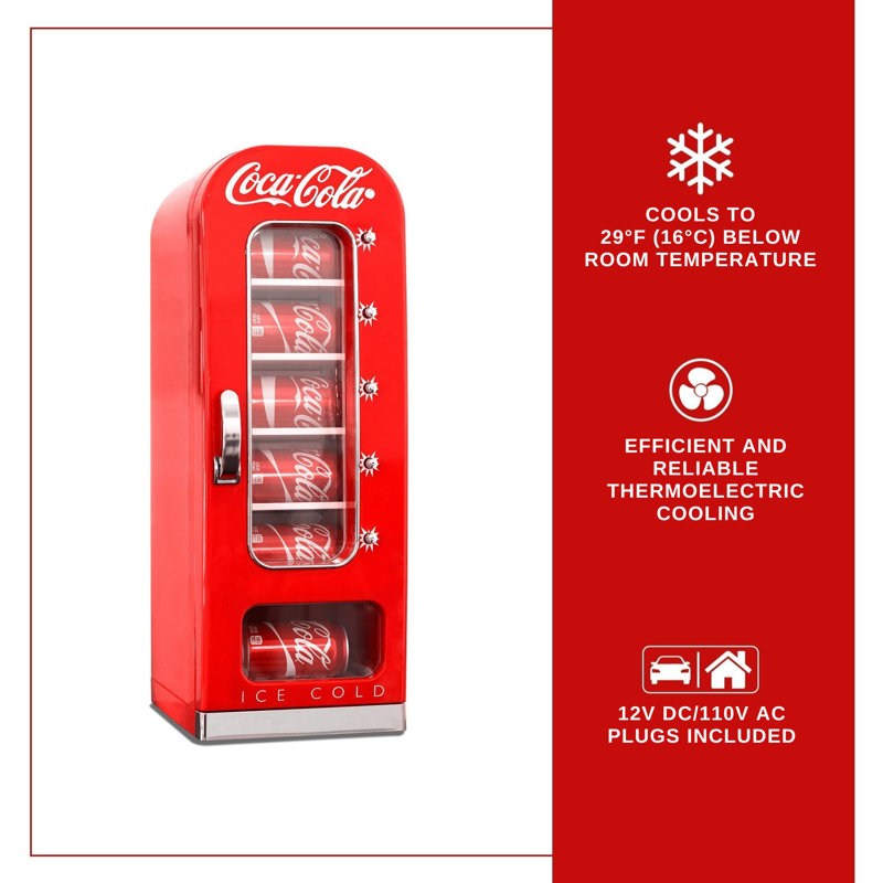 Coca-Cola Vending Machine Mini Fridge 12V DC 110V AC 10 Can Cooler, Red