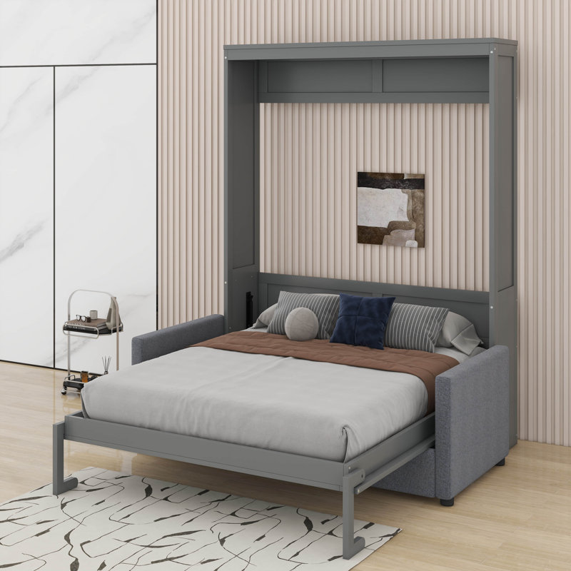 Lit escamotable mural avec coussin Kiora, Gris, Double