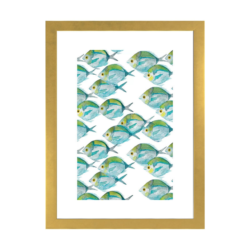 Motif de poissons - imprimé, Blanc, H 32 po x l 24 po x P 1 po, Papier encadré doré