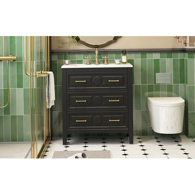 30" Bathroom Vanity With Ceramic Sink, Free Standing Single Vanity Set With 3 Drawers, Solid Wood Frame, Ample Storage, Black
