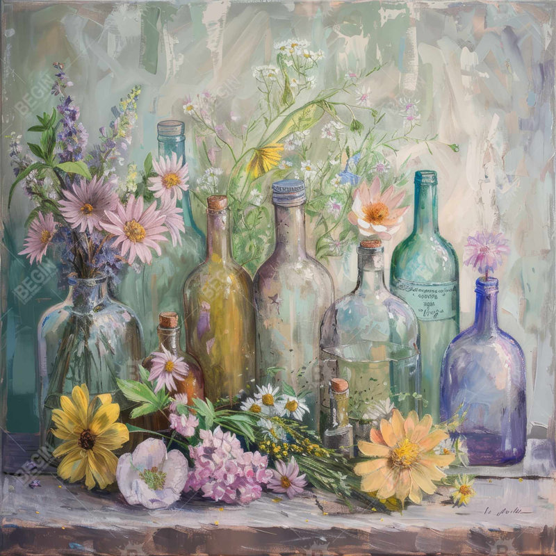 Fleurs et bouteilles - Turquoise
