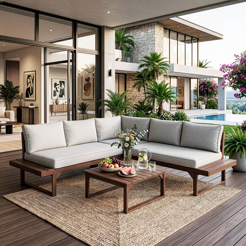 Ensemble de canapé modulaire d'extérieur en L en bois massif avec table basse