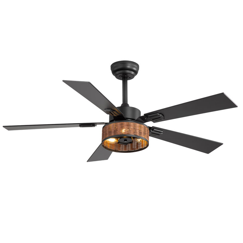 Ceiling Fans With Lights And Remote, 48 Inch Farmhouse Rustic Ceiling Fan For Bedroom Living Room, Black Outdoor Ceiling Fans With Caged Lights Chandelier, Reversible 5 Blades