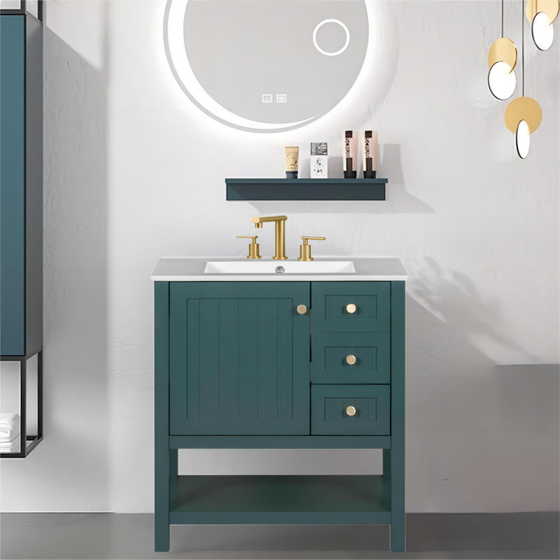 Meuble-lavabo 30 po avec lavabo en céramique, deux tiroirs et une porte d'armoire, Vert