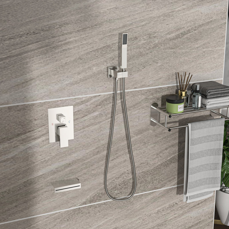 Brushed Nickel Shower System With 12 Inch Wall Mount And Waterfall Tub Spout. 3 Shower: Overhead Rain Shower, Handheld. -Balanced Valve. Easy Installation Cleaning. Includes Square Head, Arm,