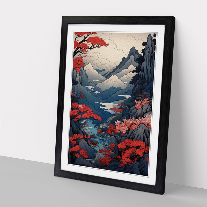 Japanese Mountains Art Nouveau - Framed Print, Black Framed, 46cm H x 34cm W x 2cm D