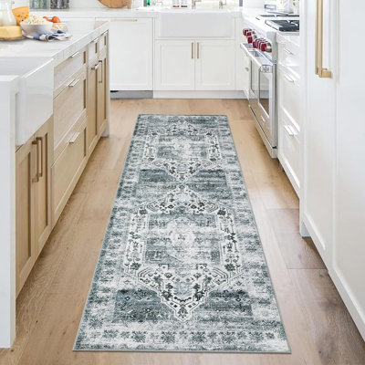 2x6 Runner Rug Kitchen Hallway Entryway – Vintage Floral Oriental Design Non-Slip Stain Resistant Low Pile Floor Covering (Blue)