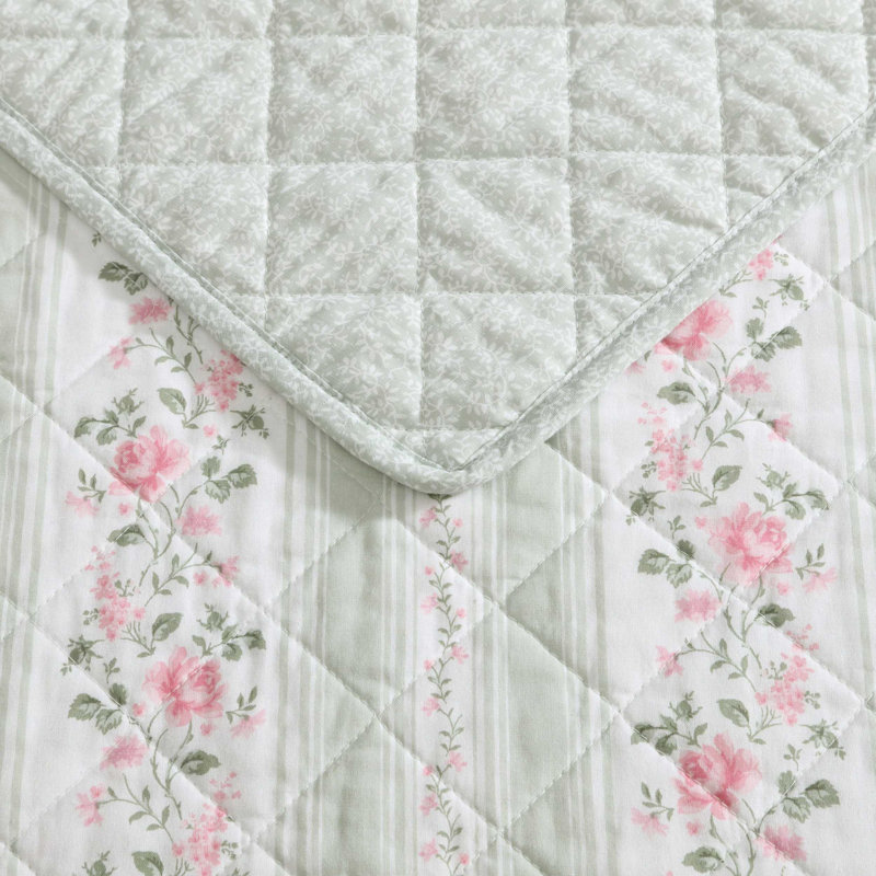 Ensemble de courtepointe réversible en coton vert à rayures Laura Ashley Rosebud