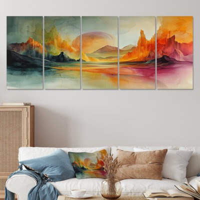 Ensemble de salon vert et orange Tachisme Landscape II - Tachisme Wall Art