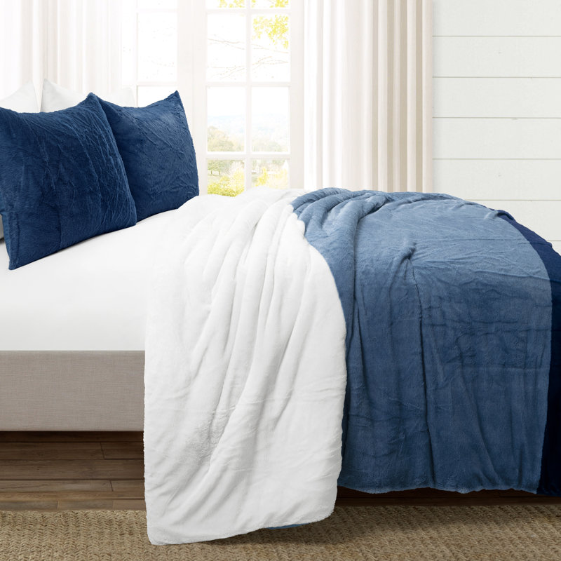 Farmhouse Color Block Faux Fur Microfiber 3 Piece Comforter Set, King, Navy