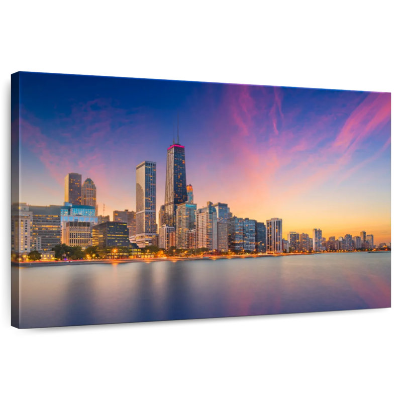 Nicci, Chicago, coucher de soleil, paysage urbain, H 16 po x l 24 po