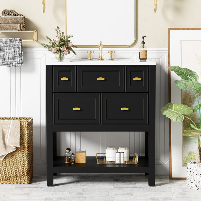 Ensemble de meuble-lavabo simple avec 5 tiroirs, Noir