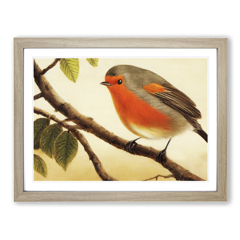 Contemporary Robin Bird - Framed Print, 46cm H x 64cm W x 2cm D, Oak