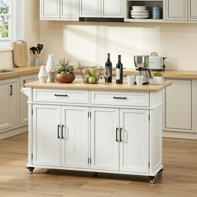 Rolling Kitchen Island With 2 Large Drawers & 3 Adjustable Shelves, 55.11" W X 28.34" D Storage Cart For Kitchen And Dining Room