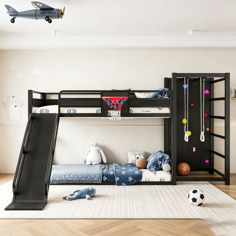 Metal Loft Bunk Bed With Basketball Hoop, Pull-Up Rings, Climbing Wall, And Bookshelves For Fun And Learning, Black, Twin XL