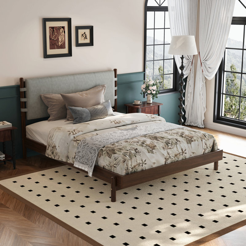 Cadre de lit plateforme en bois d'hévéa de qualité supérieure, cadre avec tête de lit incluse, lit Mid Century Modern