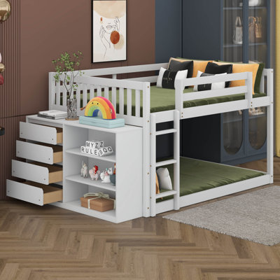 Lit superposé double au-dessus de double avec 4 tiroirs et 3 tablettes, lit superposé en bois avec garde-corps pleine grandeur et échelle,
