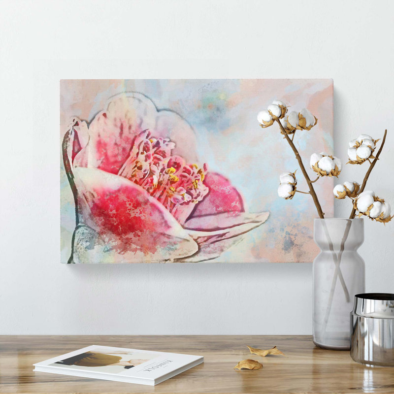 Blossoming Pink Camellia Flower In Abstract - Wrapped Canvas Painting, 40cm H x 60cm W x 3cm D
