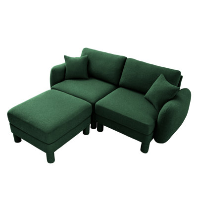 Boucle Fabric Sectional 2Seater Loveseat Sofa Couch With Distinctive Shellshaped Armrests And Removable Ottoman,Cylindrical Legs Wrapped With Selffabric,Green Color