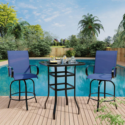 3 Piece Patio Swivel Bar Sets, 3PCS Outdoor High Top Bar Set With 2 Outdoor Swivel Chairs And Glass Bar Table