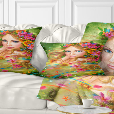 Floral Fairy Woman with Colorful Flowers Lumbar Pillow