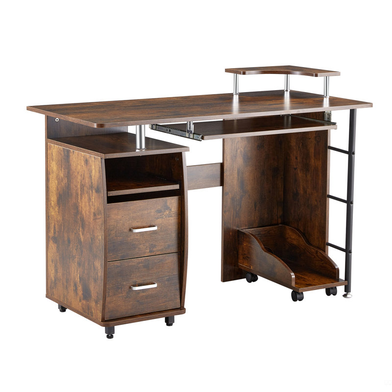 Bureau d'ordinateur en bois massif, table de bureau avec poire PC, tablettes de rangement et classeur