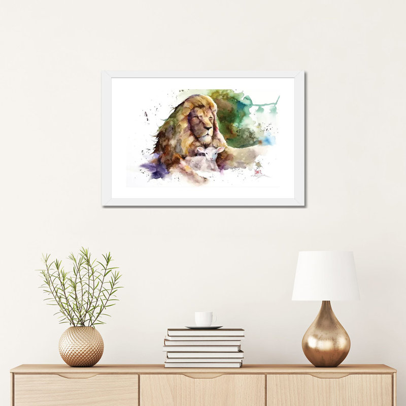 Lion et agneau par Dean Crouser, reproduction d’art, H 16 po x l 24 po x P 1 po, Papier encadré blanc, Blanc