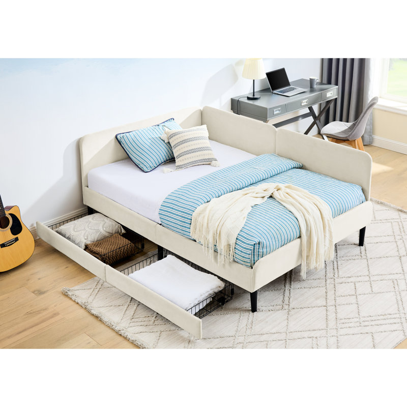 Structure de lit double tapissier pleine grandeur avec 2 tiroirs de rangement, velours beige réglable pour un confort de chambre à coucher moderne