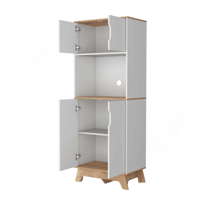 Pamplona Microwave Tall Cabinet Counter Surface, Top And Lower Double Doors Cabinets -Light Oak / White
