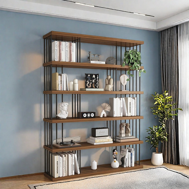 Bibliothèque classique de style rangement, (5 tablettes) H 75,9 po x l 62,9 po x P 13,7 po, Brun foncé / noir