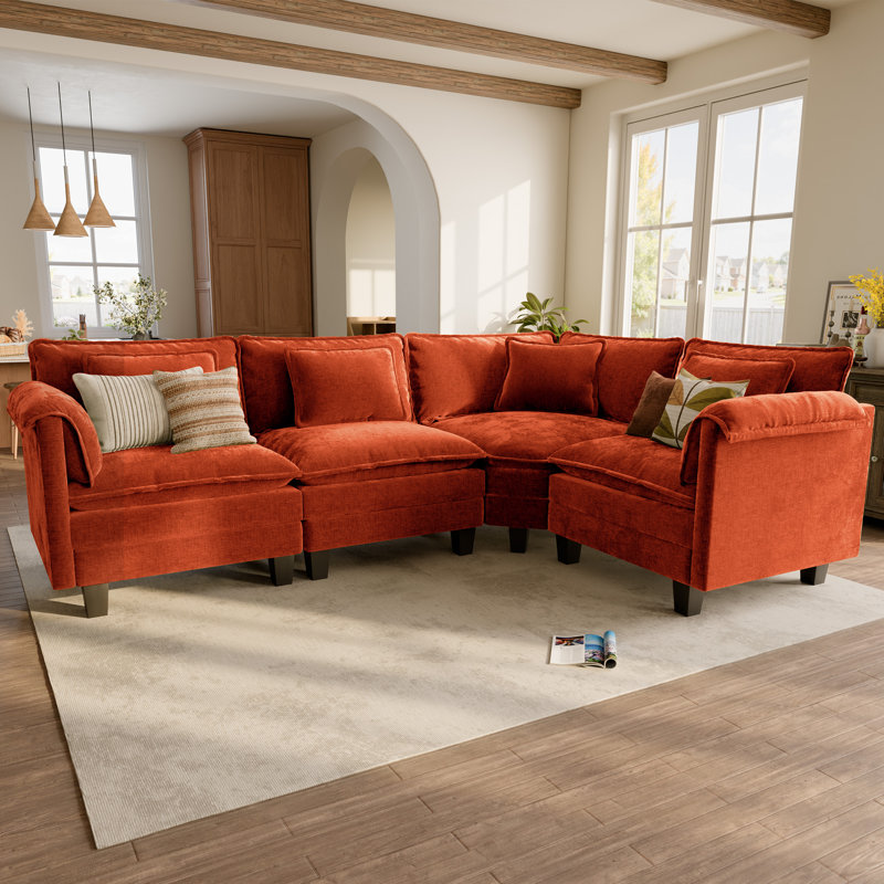 Wetzell Upholstered Sectional, Orange Chenille, H 37 po x l 78 po x P 114 po