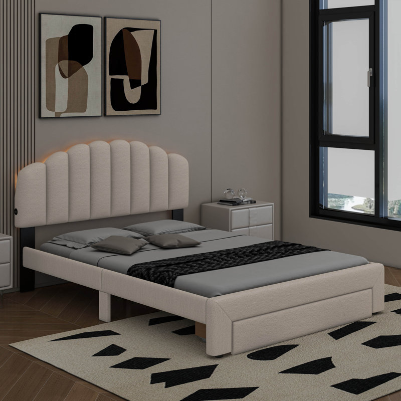 Grand lit plateforme tapissier en molleton avec tiroirs, Beige
