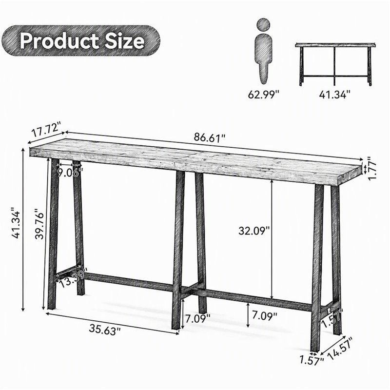 Table de bar 86 po extra longue 86 po, table de pub en bois massif à hauteur de comptoir, plateau étroit haut