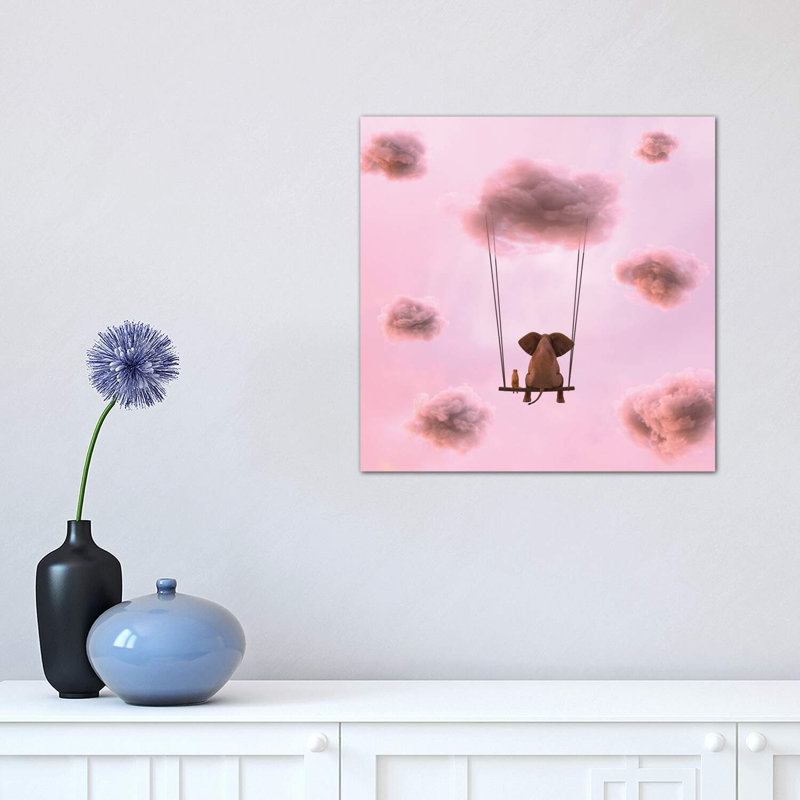 Elephant And Dog Are Flying On A Cloud by Mike Kiev - Wrapped Canvas Print, 30.48 cm H x 30.48 cm W